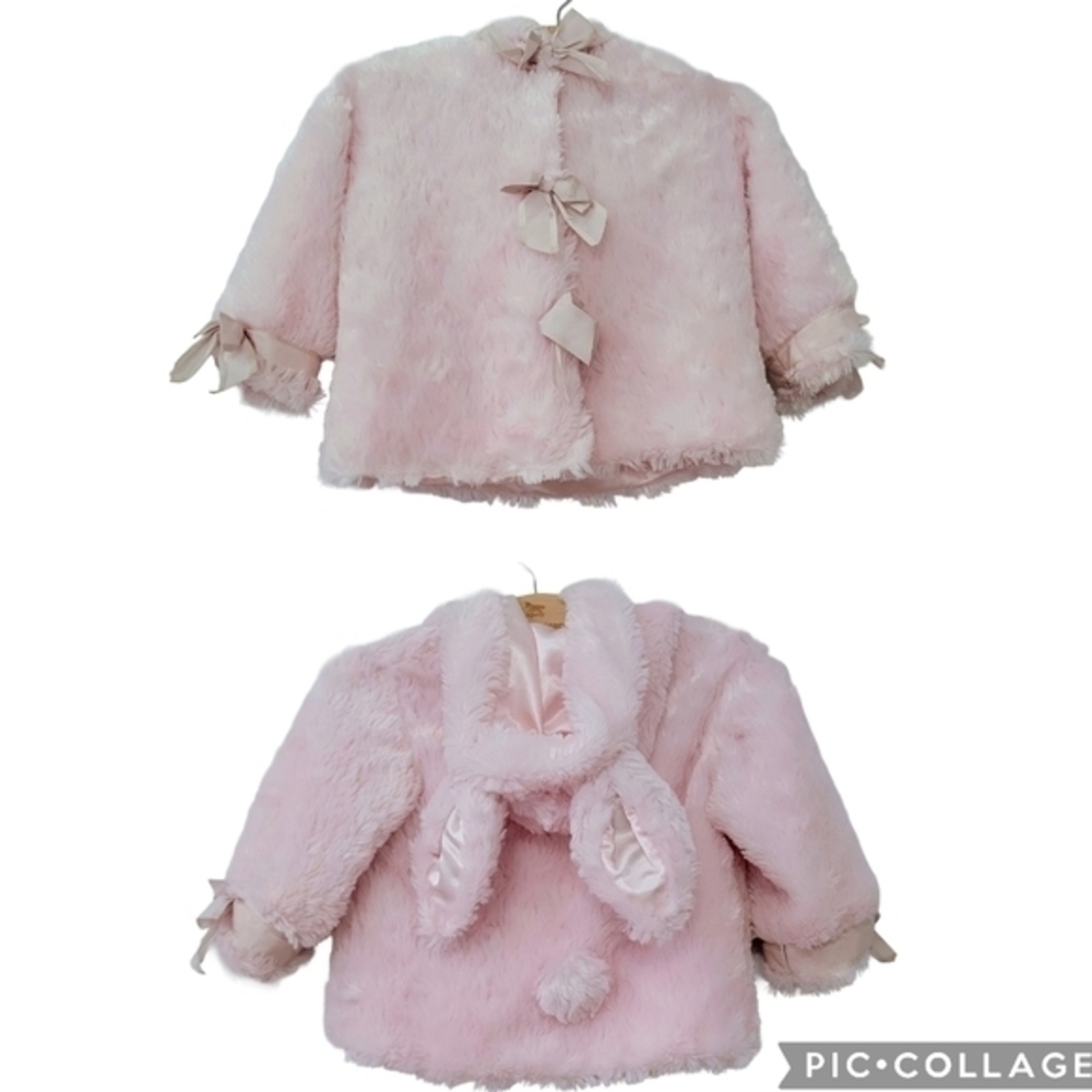 Bearington Baby Fuzzy Coat Size‎ 12-24 Months Light Pink Bunny Ears & Tail Cute